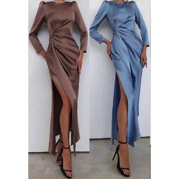 Satin Cloudy Blue Dress Long Sleeve Detachable Belt Size M L - Picture 6 of 6